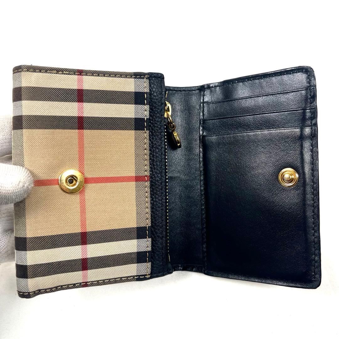 バーバリー　三つ折り財布　ゴールドボタン　ノバチェック　レザー　コンパクト　美品