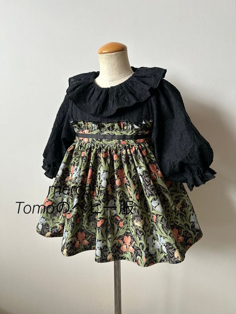 ハンドメイド　マーガレット刺繍レース×モリス　ハイウエストデザインワンピース