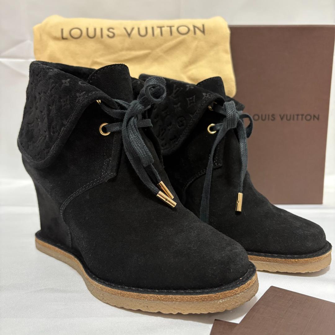 LOUIS VUITTON モノグラム スウェード レザー ショートブーツ 黒