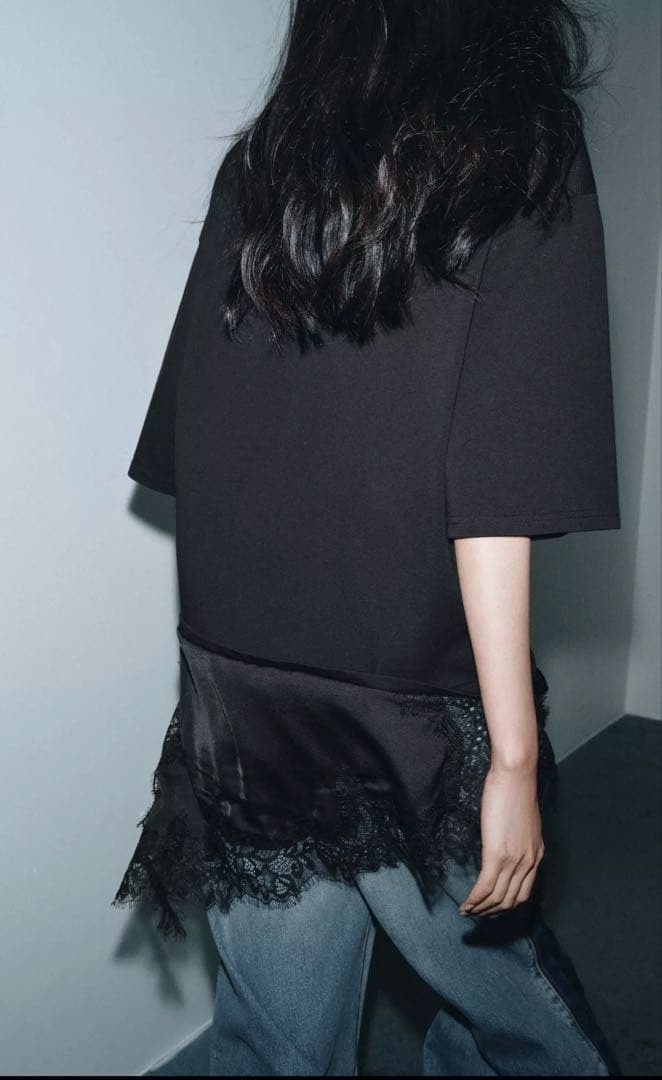 ZARA レースコンビTシャツ ブラック
