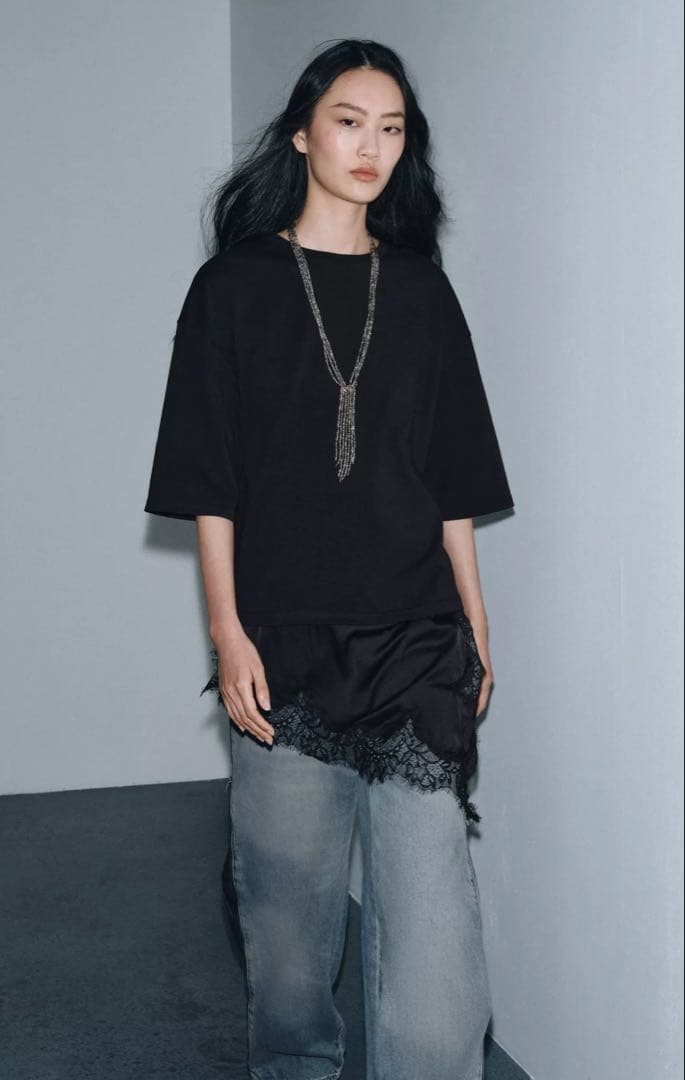 ZARA レースコンビTシャツ ブラック