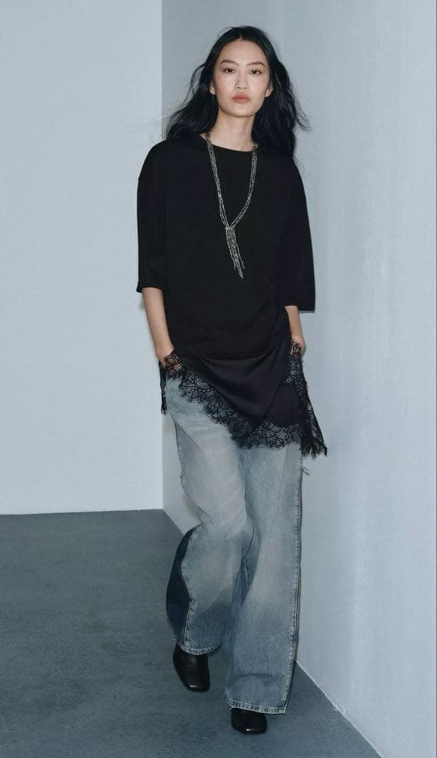 ZARA レースコンビTシャツ ブラック