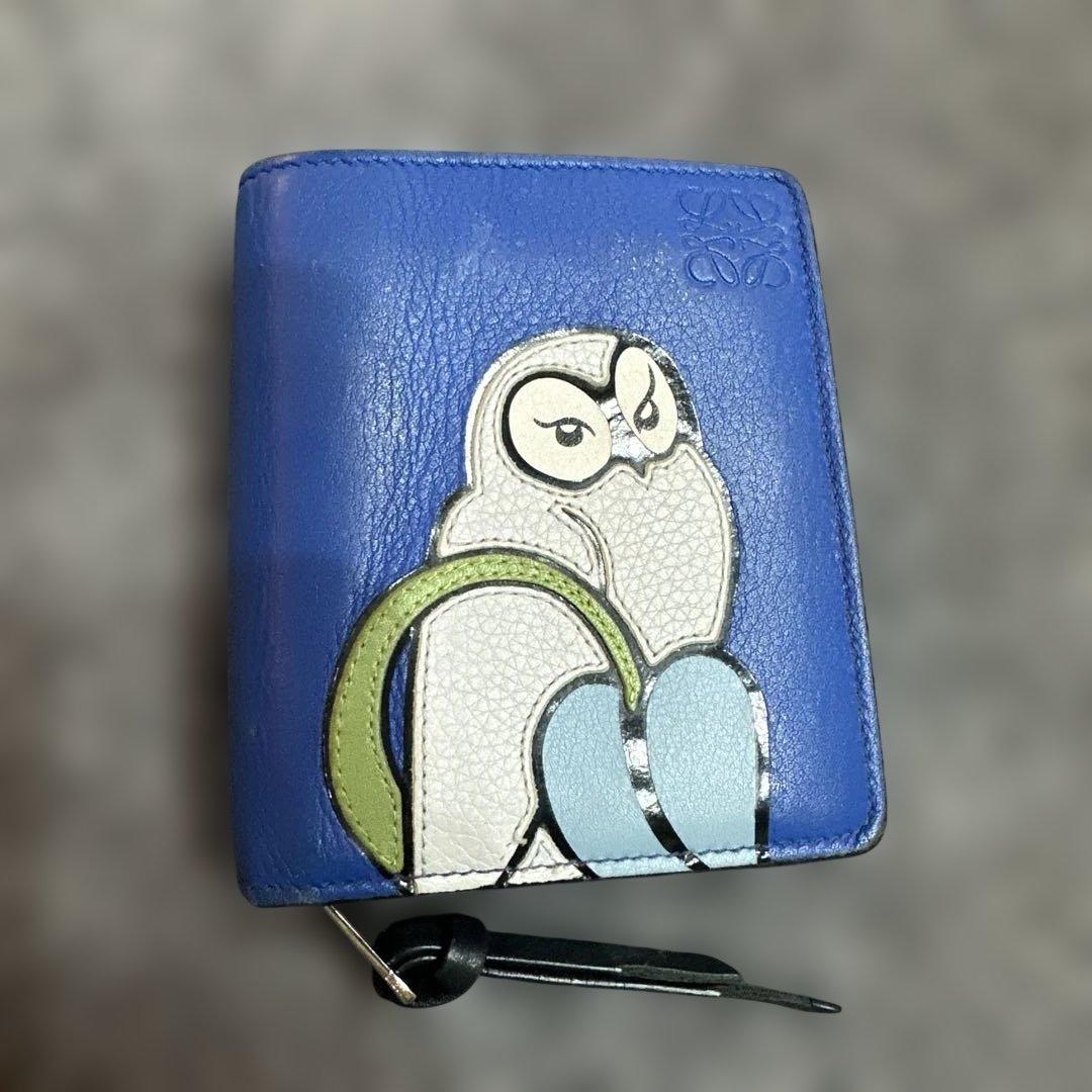 ロエベ　フクロウ刺繍 青 レザー 二つ折り財布
