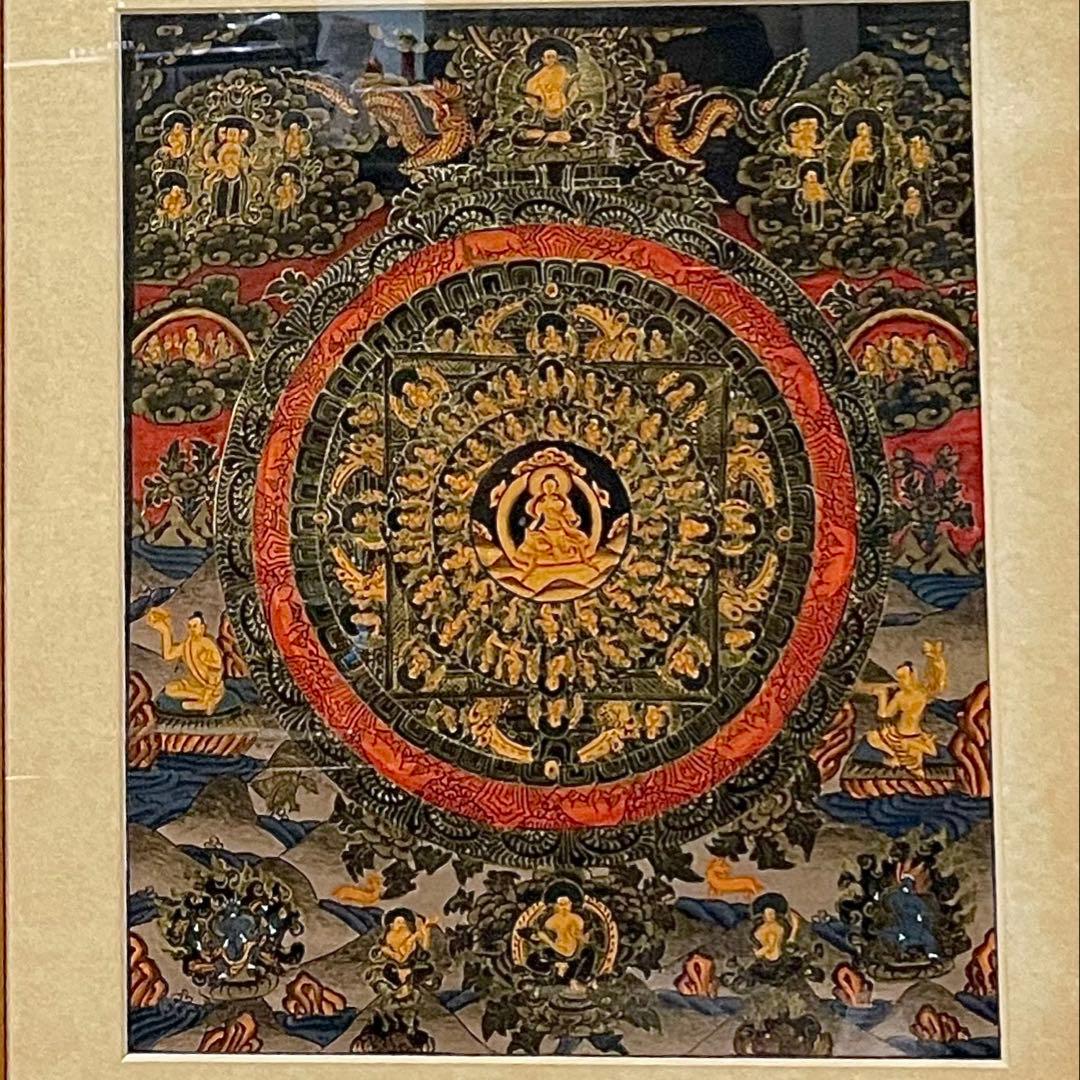 チベット手描き曼荼羅仏画　額装品