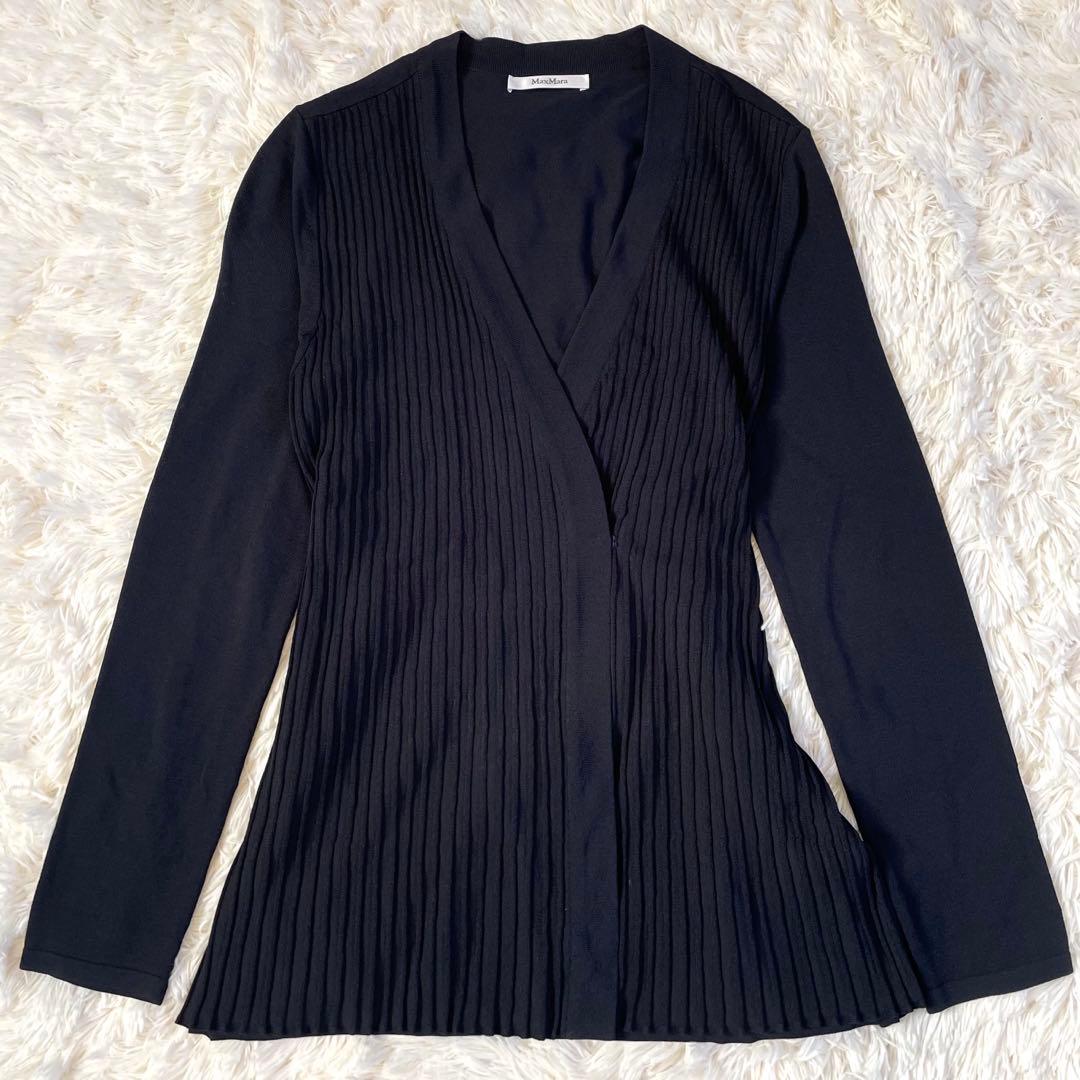 美品 MaxMara プリーツ切替 ロングカーディガン ダークネイビー M相当