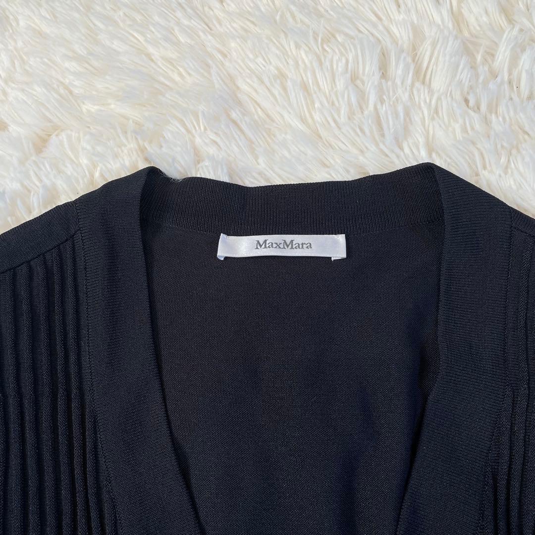 美品 MaxMara プリーツ切替 ロングカーディガン ダークネイビー M相当