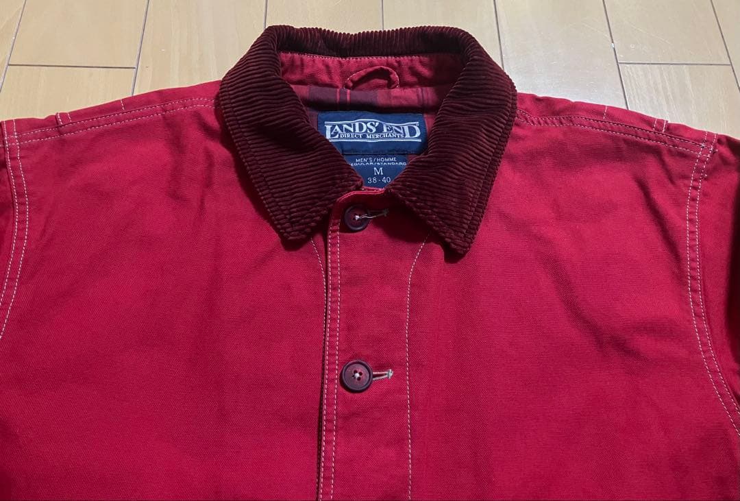 Lands' End レッド　カバーオール Mサイズ 襟コーデュロイ