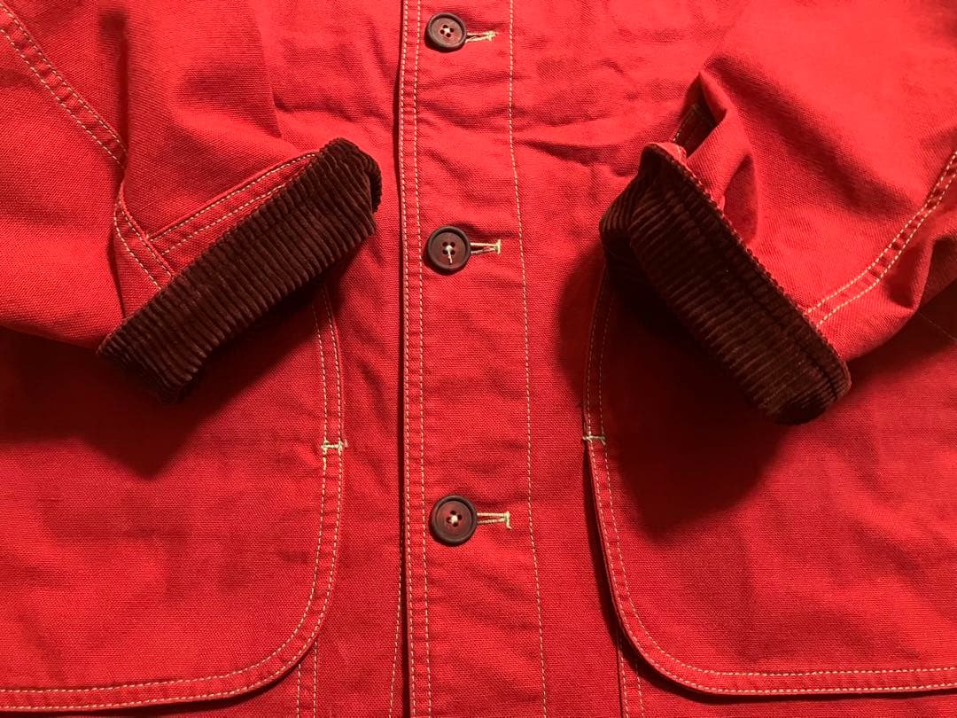 Lands' End レッド　カバーオール Mサイズ 襟コーデュロイ