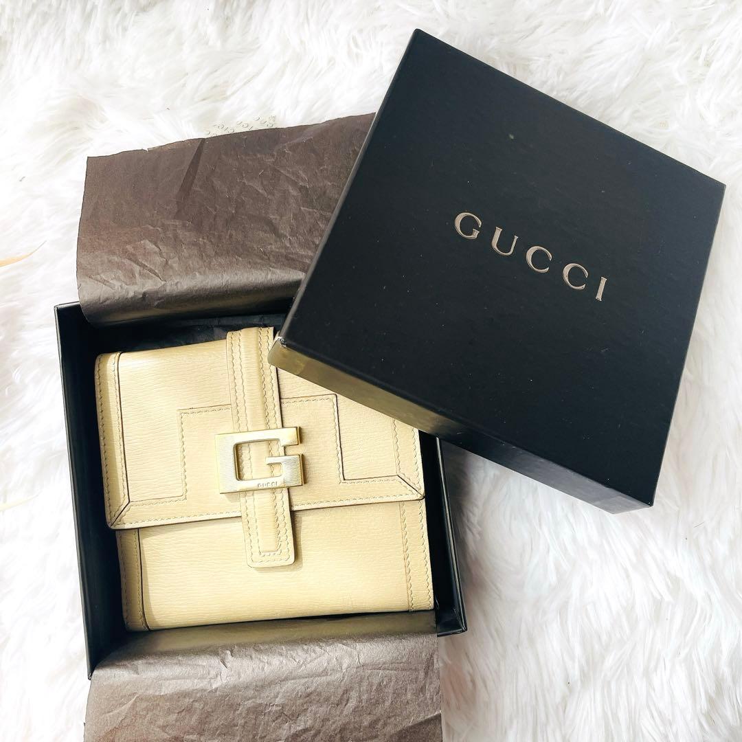 美品⭐︎GUCCI ベージュ Gロゴ ゴールド金具 二つ折り 財布 専用箱付き