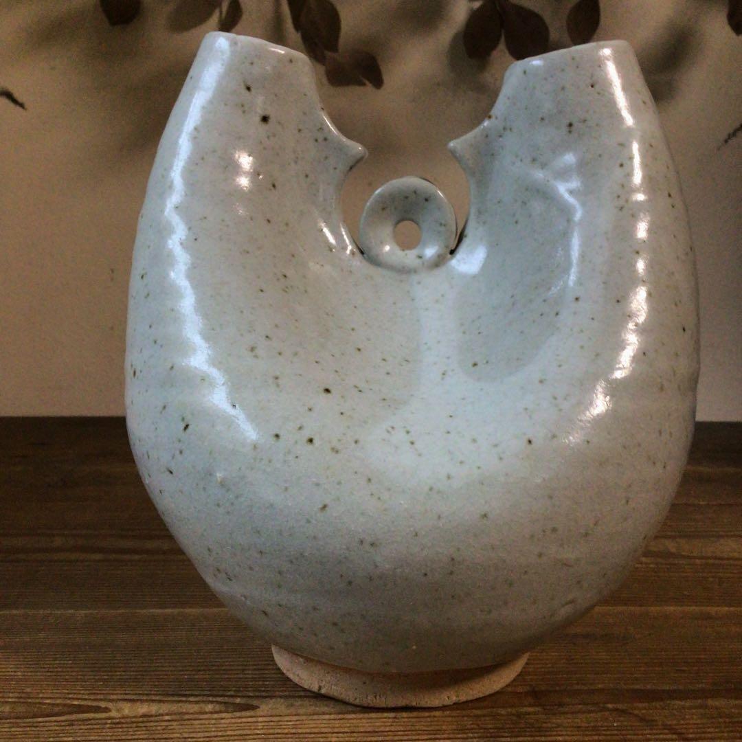 No4101 粉引二口花瓶　MARKUS japan印　木箱付　陶磁器　送料無料