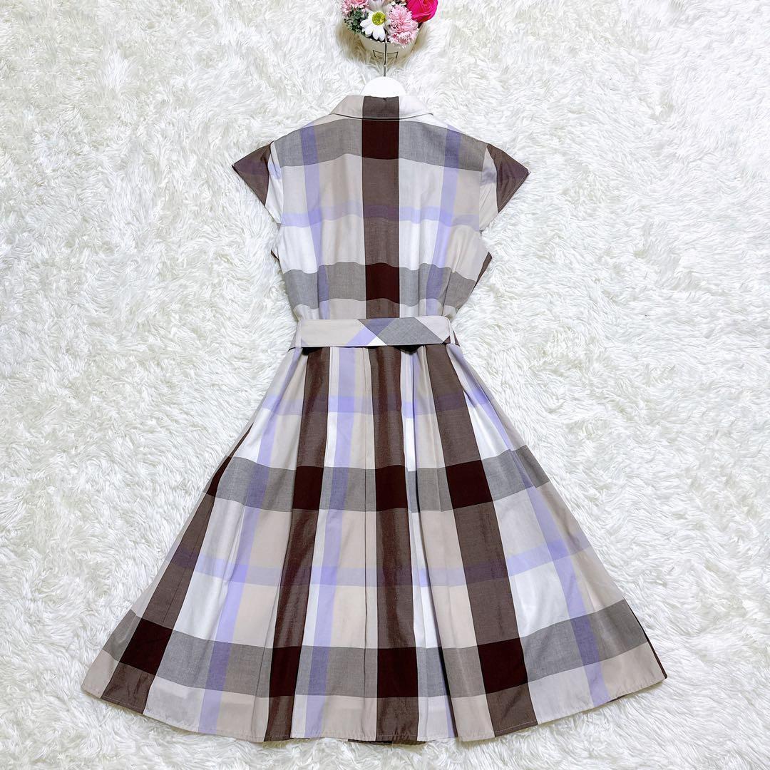未使用タグ付き　BLUE LABEL チェックワンピ　ラベンダー×モカブラウン