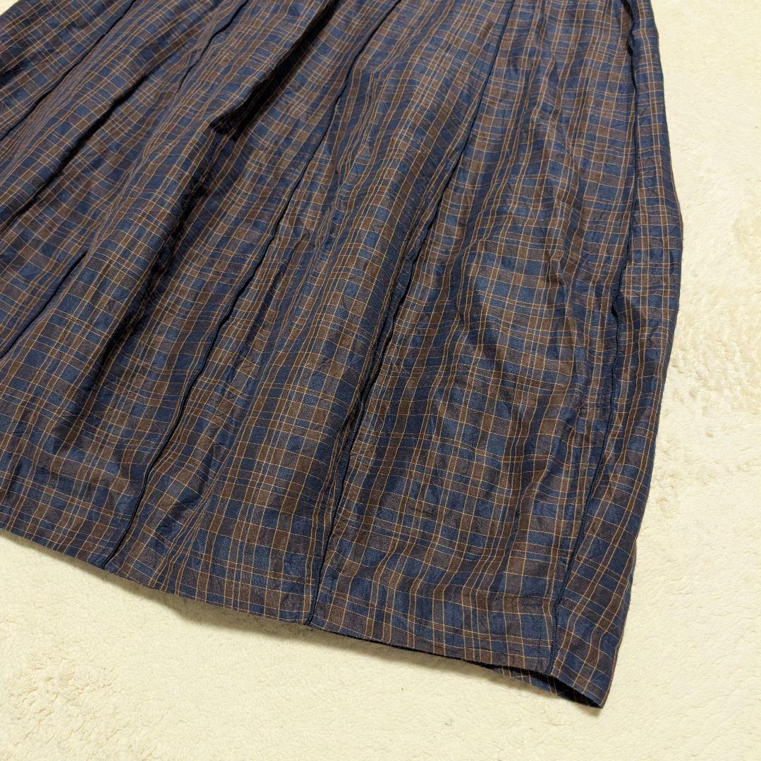 【美品】群言堂 登美 チェック バルーン タックスカート ネイビー×ブラウン