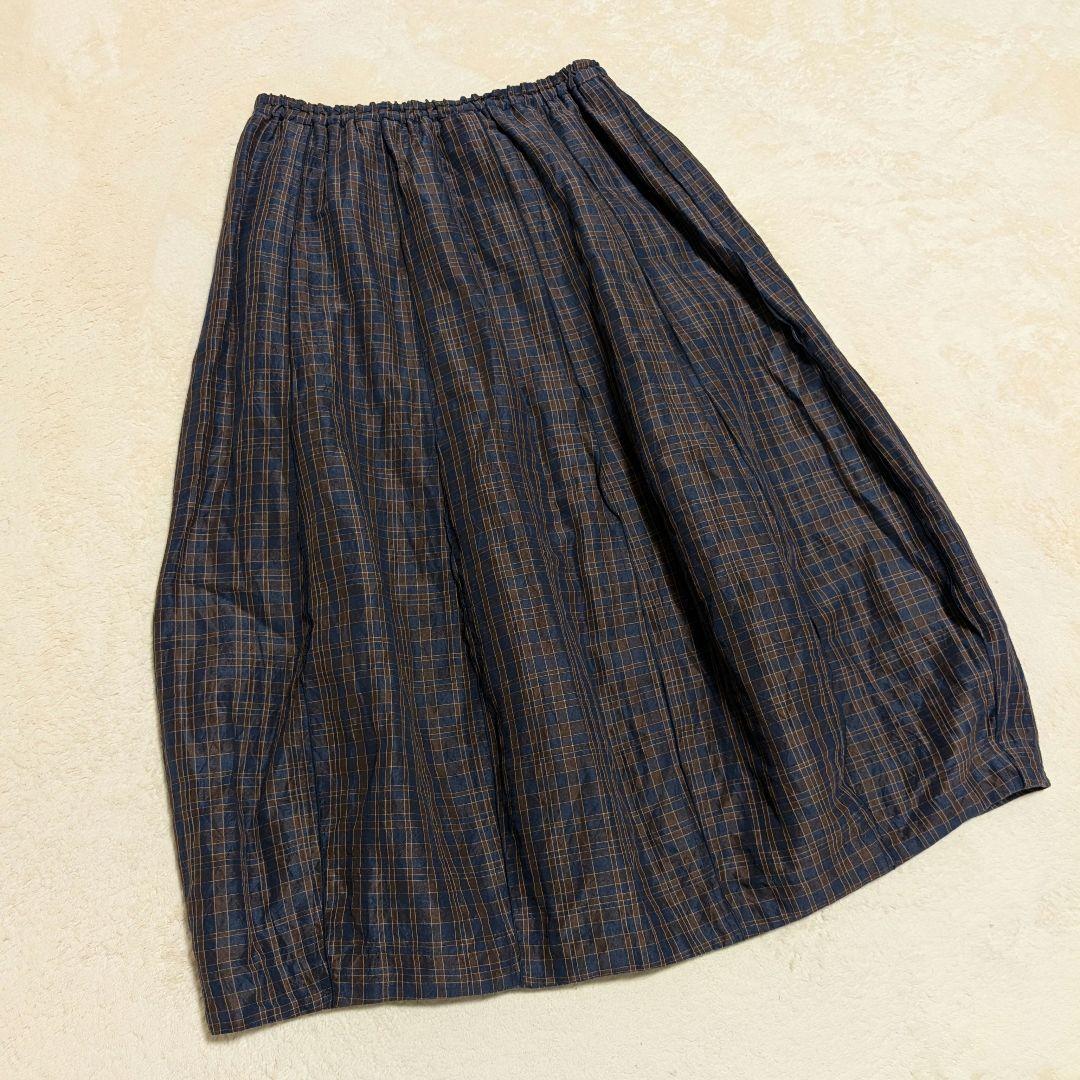 【美品】群言堂 登美 チェック バルーン タックスカート ネイビー×ブラウン