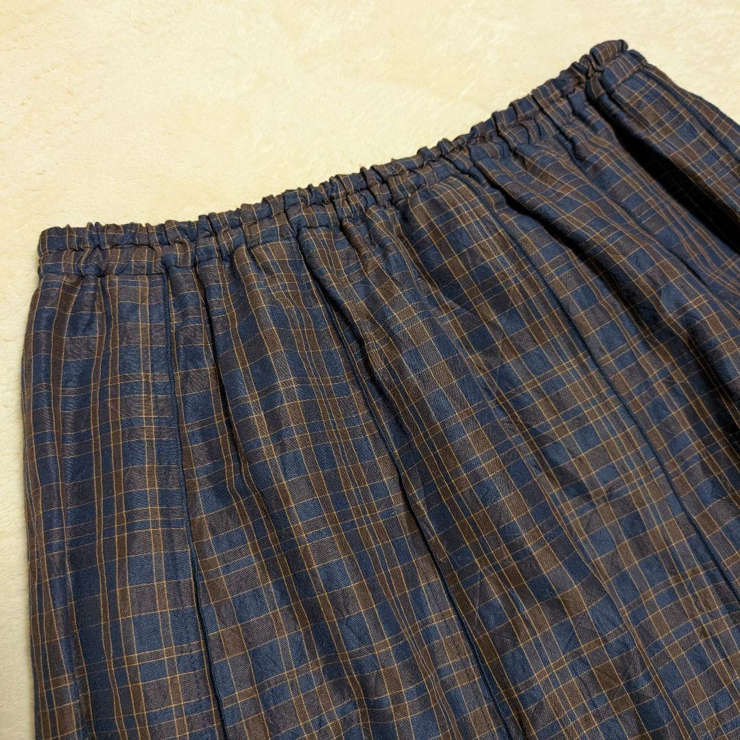 【美品】群言堂 登美 チェック バルーン タックスカート ネイビー×ブラウン