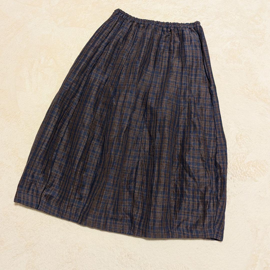 【美品】群言堂 登美 チェック バルーン タックスカート ネイビー×ブラウン