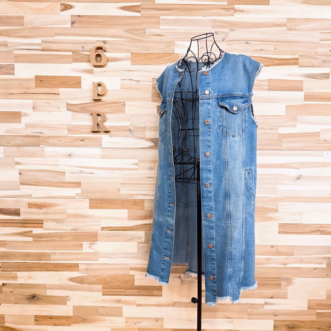 【ザラ】オーバーサイズ ダメージ加工デニム ノースリーブ ワンピース ベストXS