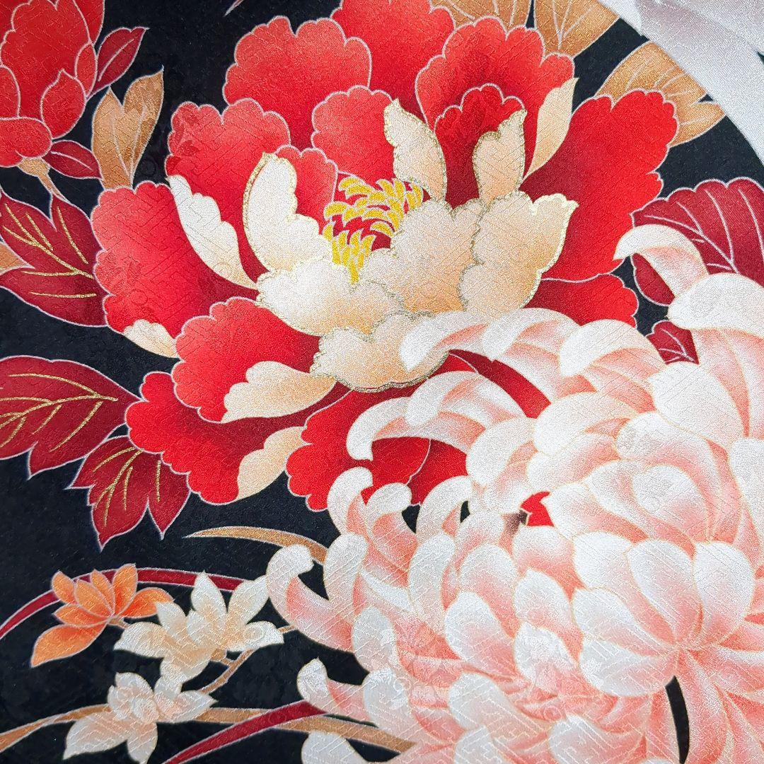 正絹振袖 駒刺繍 紫野 吉祥花文 鶴 金彩 振袖セット 振袖フルセット 黒 82