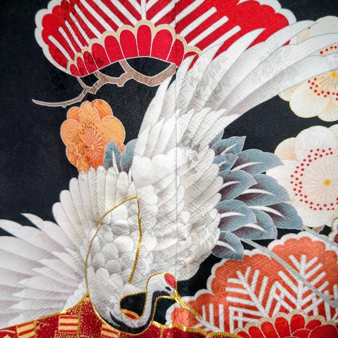 正絹振袖 駒刺繍 紫野 吉祥花文 鶴 金彩 振袖セット 振袖フルセット 黒 82