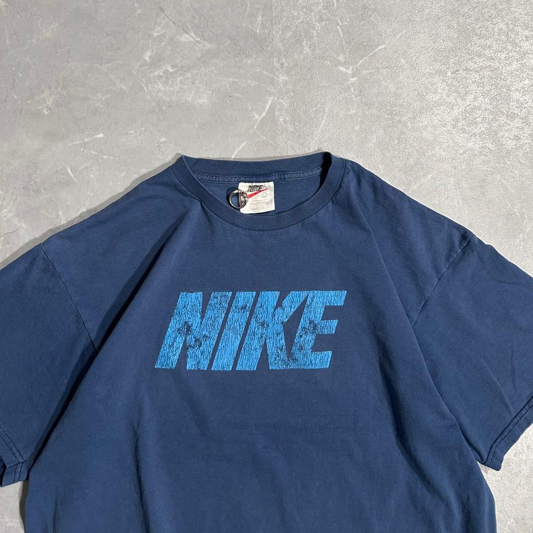 90s OLD NIKE 白タグ tシャツ 短丈 Y2K ネイビー デカロゴ L