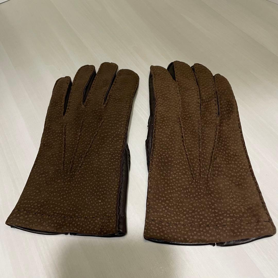 美品☆メンズ 手袋☆カピバラレザー☆ブラウン☆ファー☆毛皮