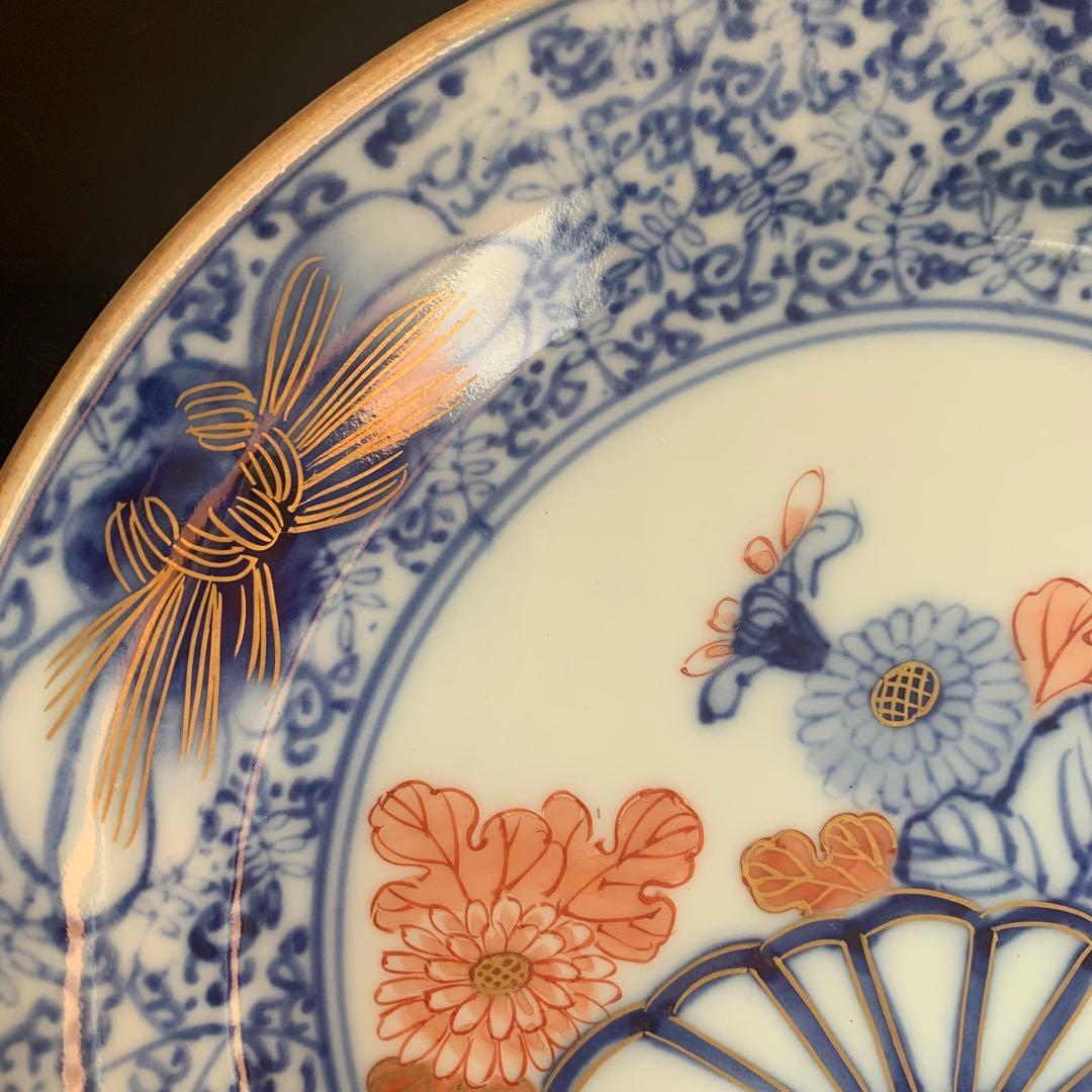 大聖寺伊万里　菊花微塵唐草文　中皿　金襴手　角福　18cm　単品　美品