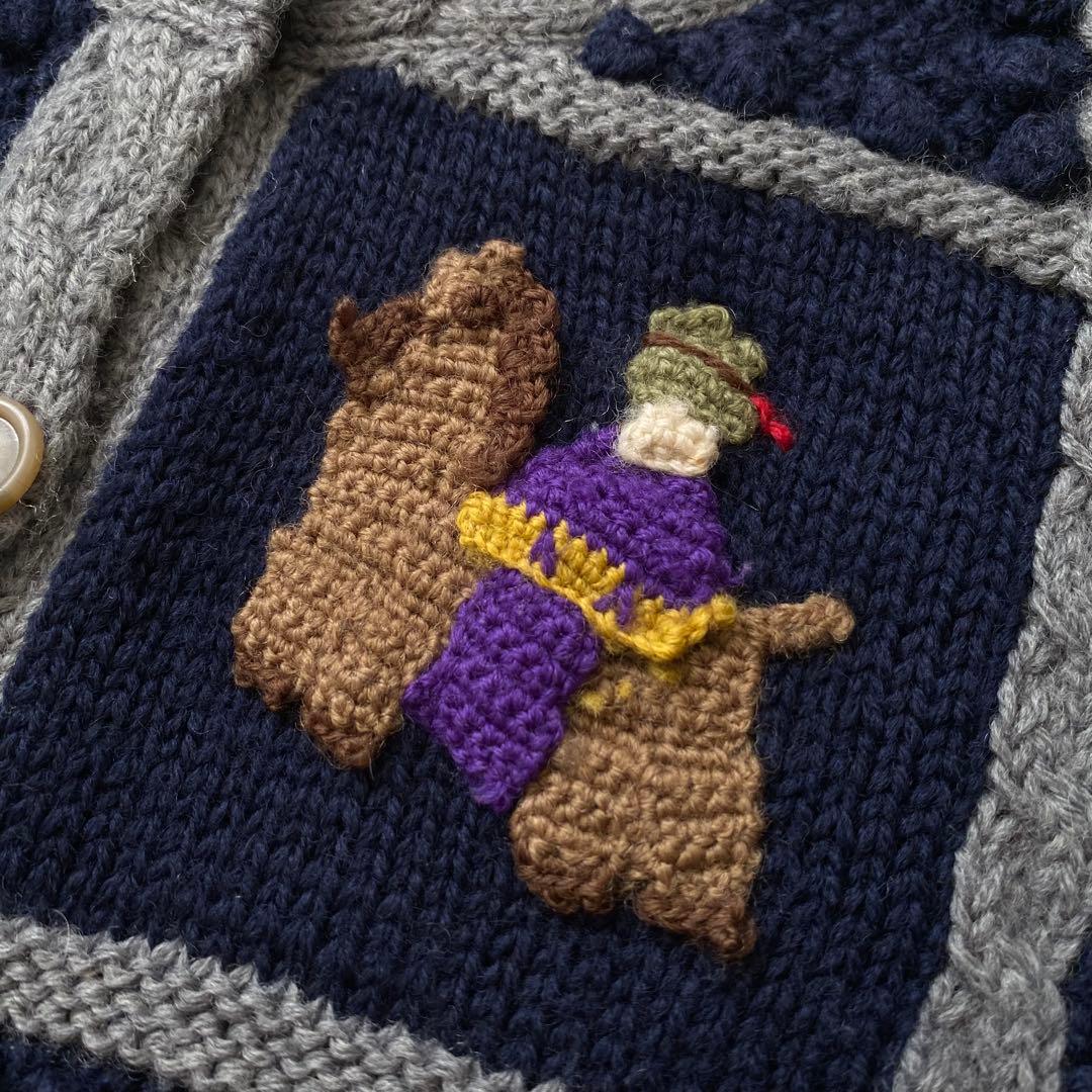 レトロ 立体 刺繍 ポンポン ニット カーディガン 古着 昭和 ビンテージ