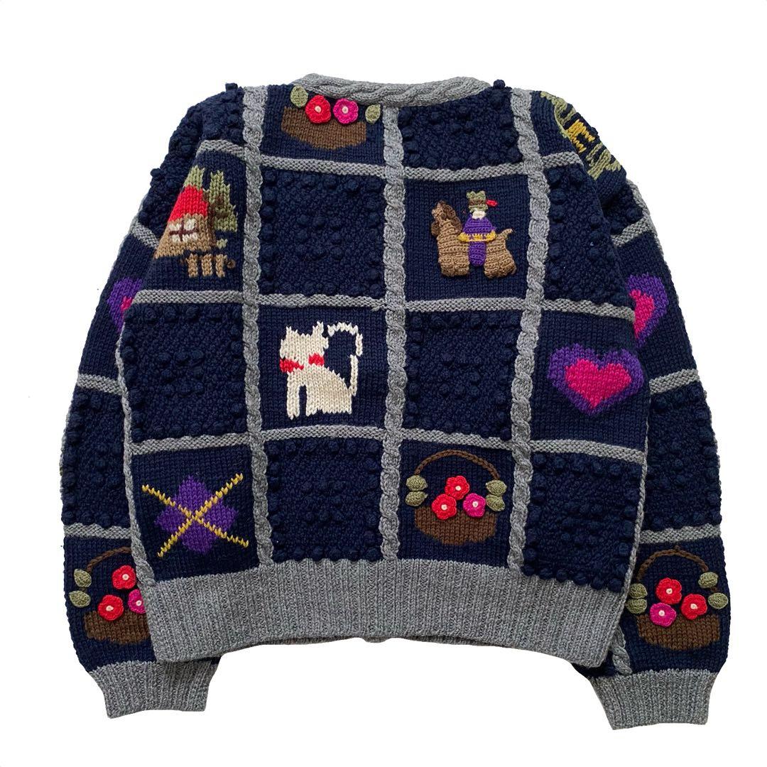 レトロ 立体 刺繍 ポンポン ニット カーディガン 古着 昭和 ビンテージ