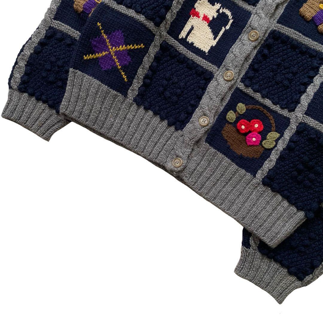 レトロ 立体 刺繍 ポンポン ニット カーディガン 古着 昭和 ビンテージ