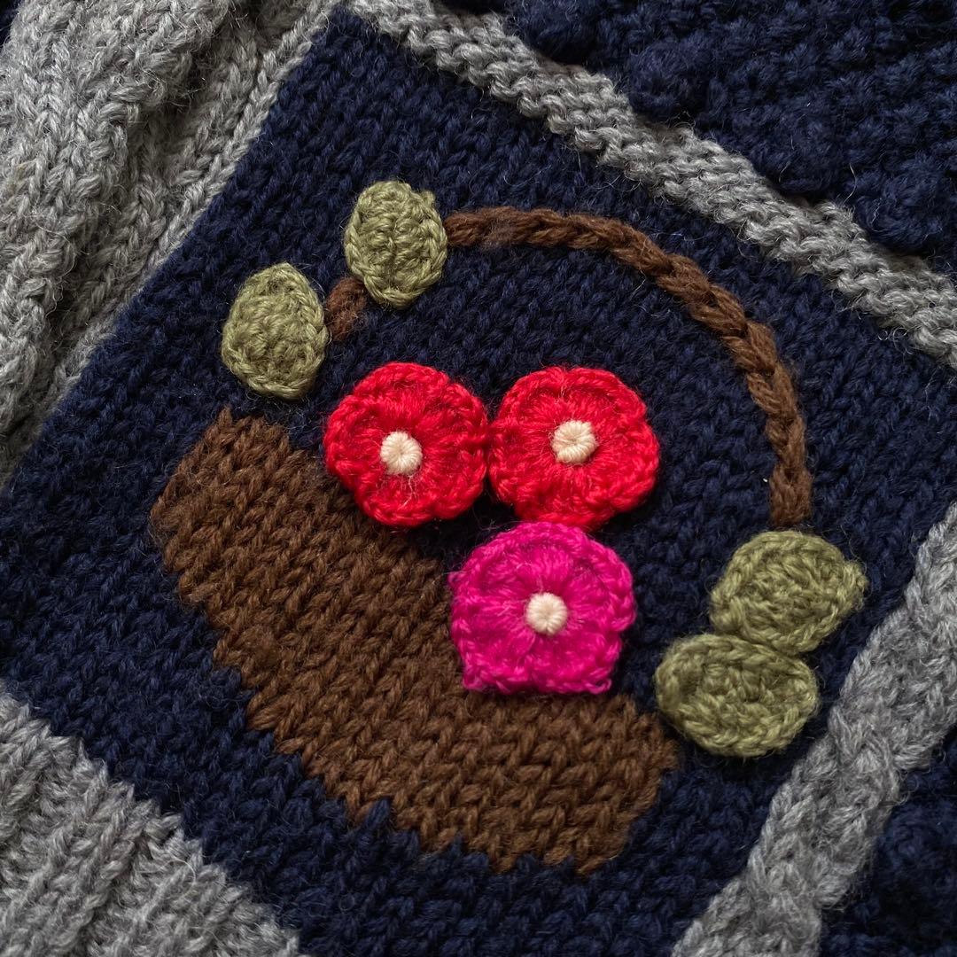 レトロ 立体 刺繍 ポンポン ニット カーディガン 古着 昭和 ビンテージ