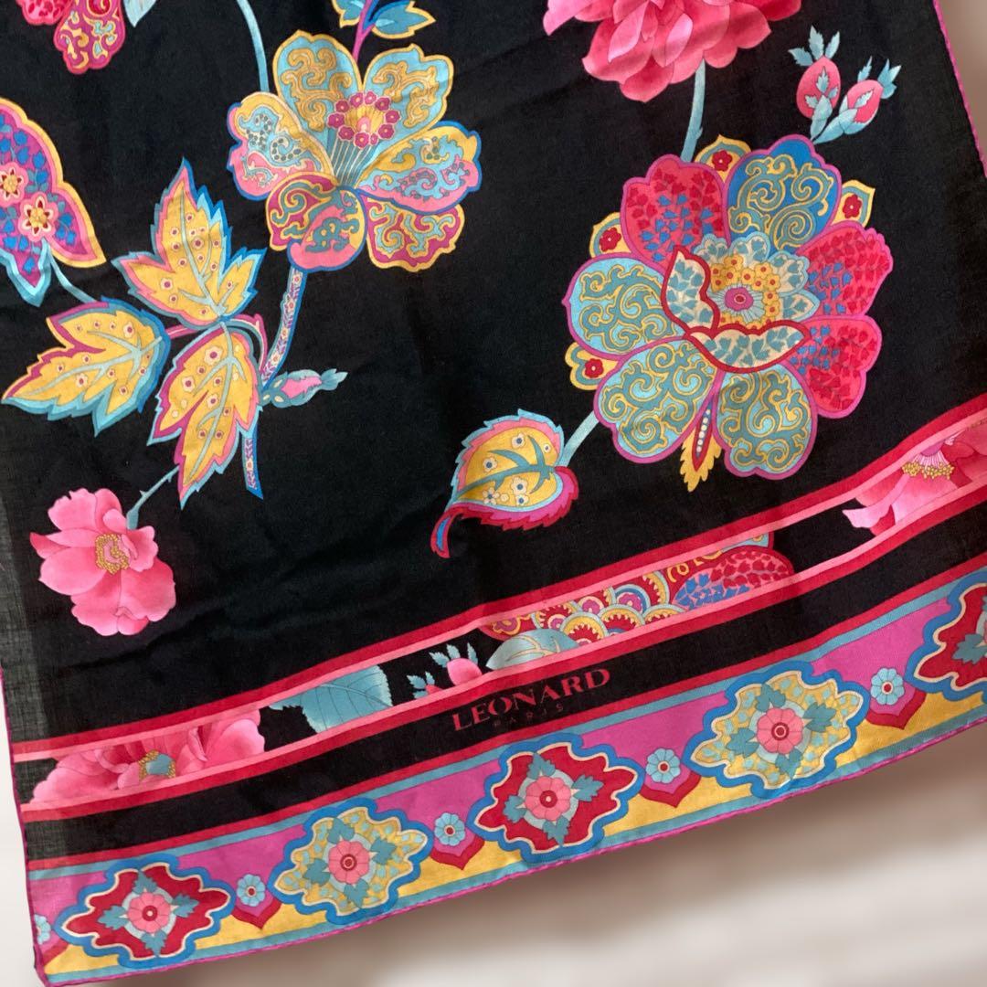 LEONARD カシミヤ混 大判シルクストール カシシル 花柄 カシミア ピンク