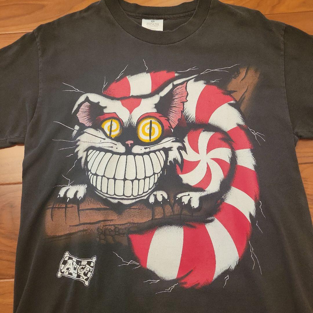 90s チェシャ猫Tシャツ 黒　不思議の国のアリス　M
