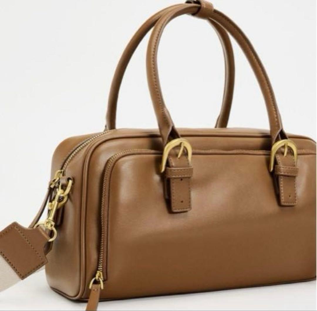 【完売品】ZARA ジッパーボストンバッグ　ブラウン レザー　新品未使用