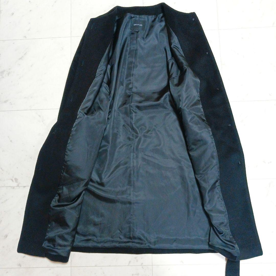 アンタイトル　ノーカラー　ロングコート　ベルト付　ブラック　L　美品