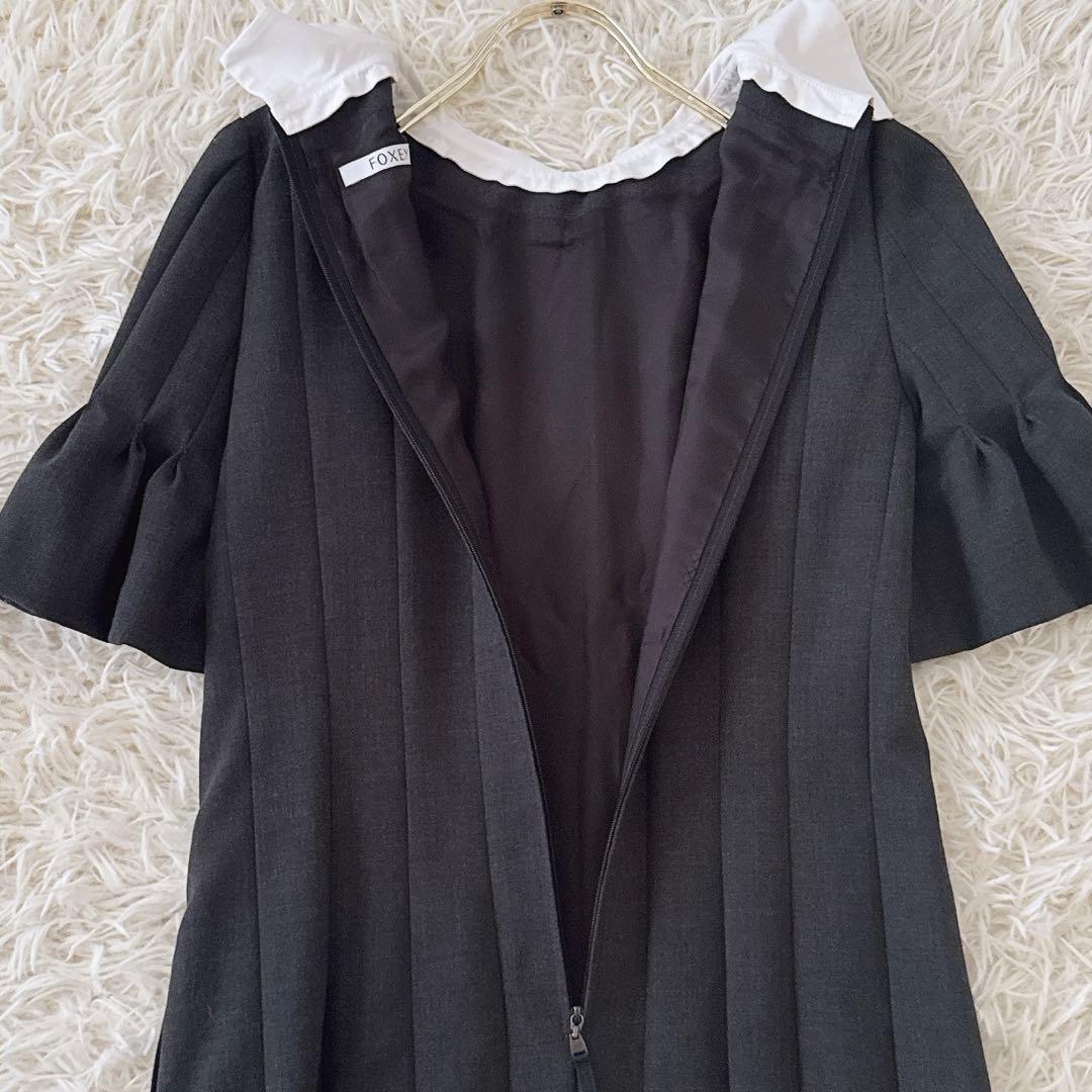 美品✨フォクシー 白襟 袖口フリルプリーツ ワンピース ウール グレー 38