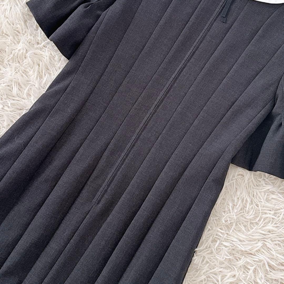 美品✨フォクシー 白襟 袖口フリルプリーツ ワンピース ウール グレー 38