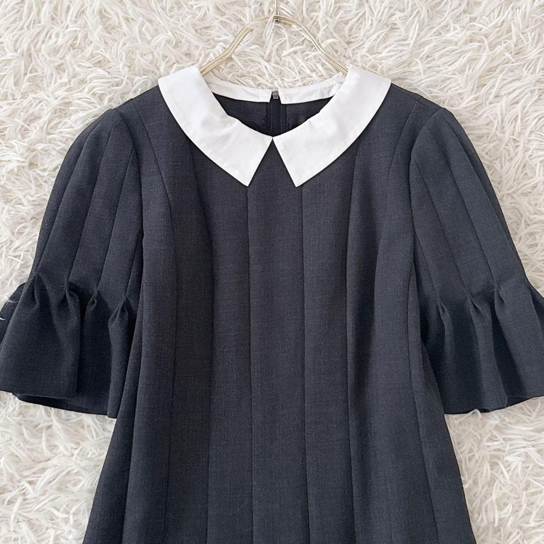 美品✨フォクシー 白襟 袖口フリルプリーツ ワンピース ウール グレー 38