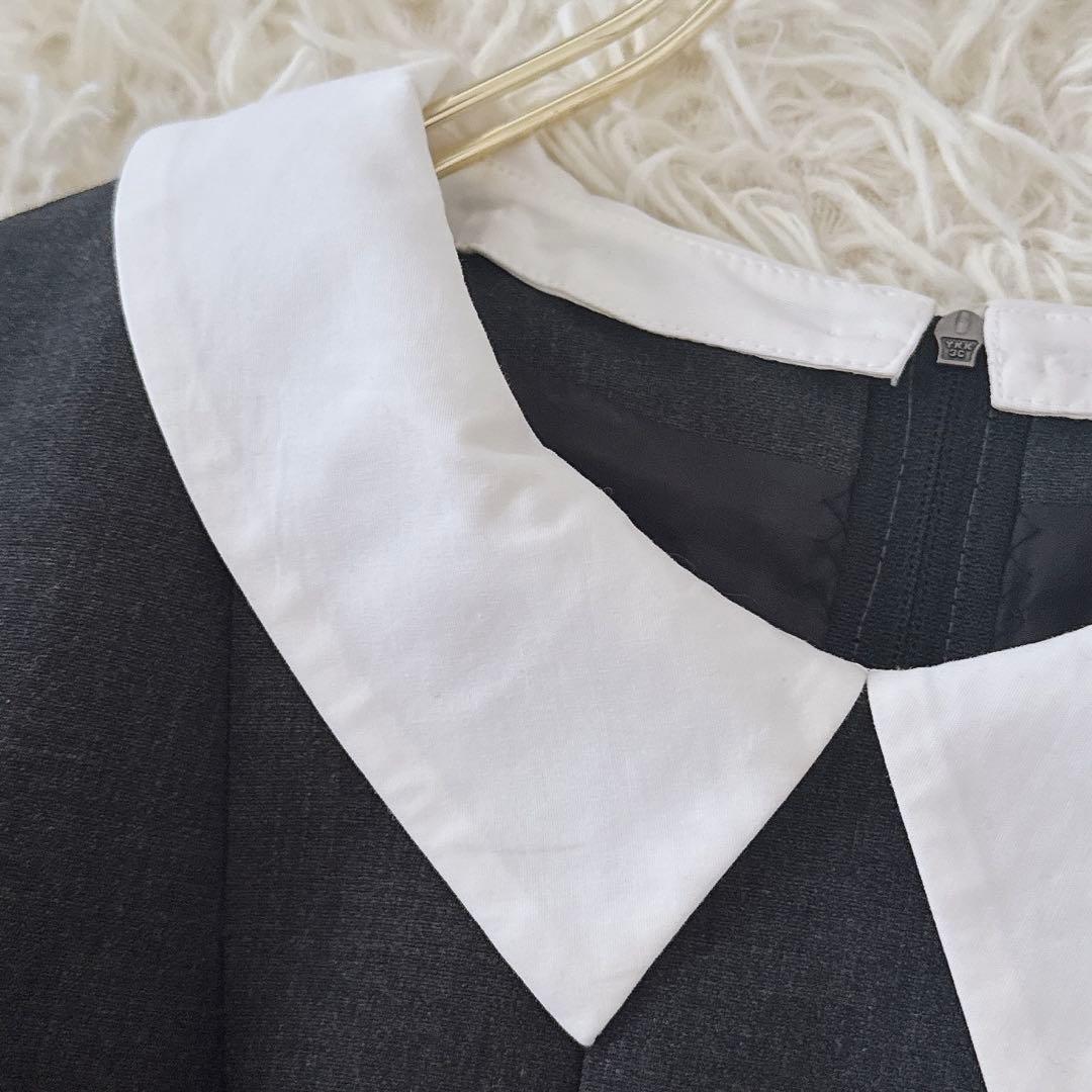 美品✨フォクシー 白襟 袖口フリルプリーツ ワンピース ウール グレー 38