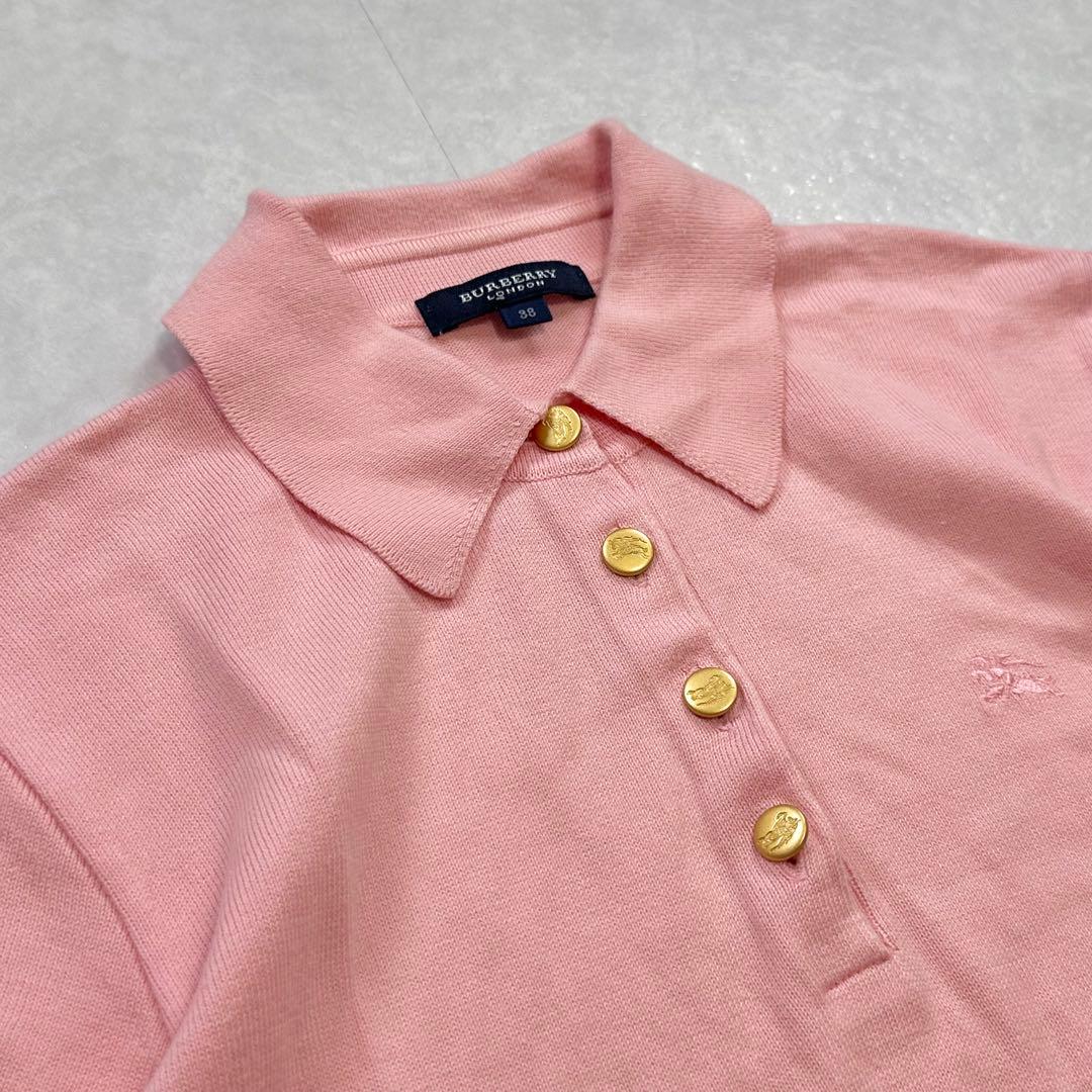 【美品】BURBERRY 金ボタン コットンニットポロシャツ ピンク 38