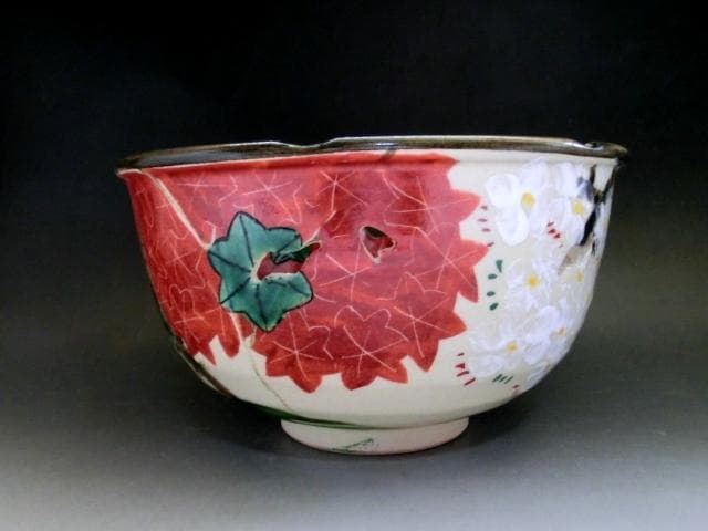 菓子鉢■京焼「晴香造」透かし 桜 紅葉 春秋 菓子器 古美術 時代物 骨董品■