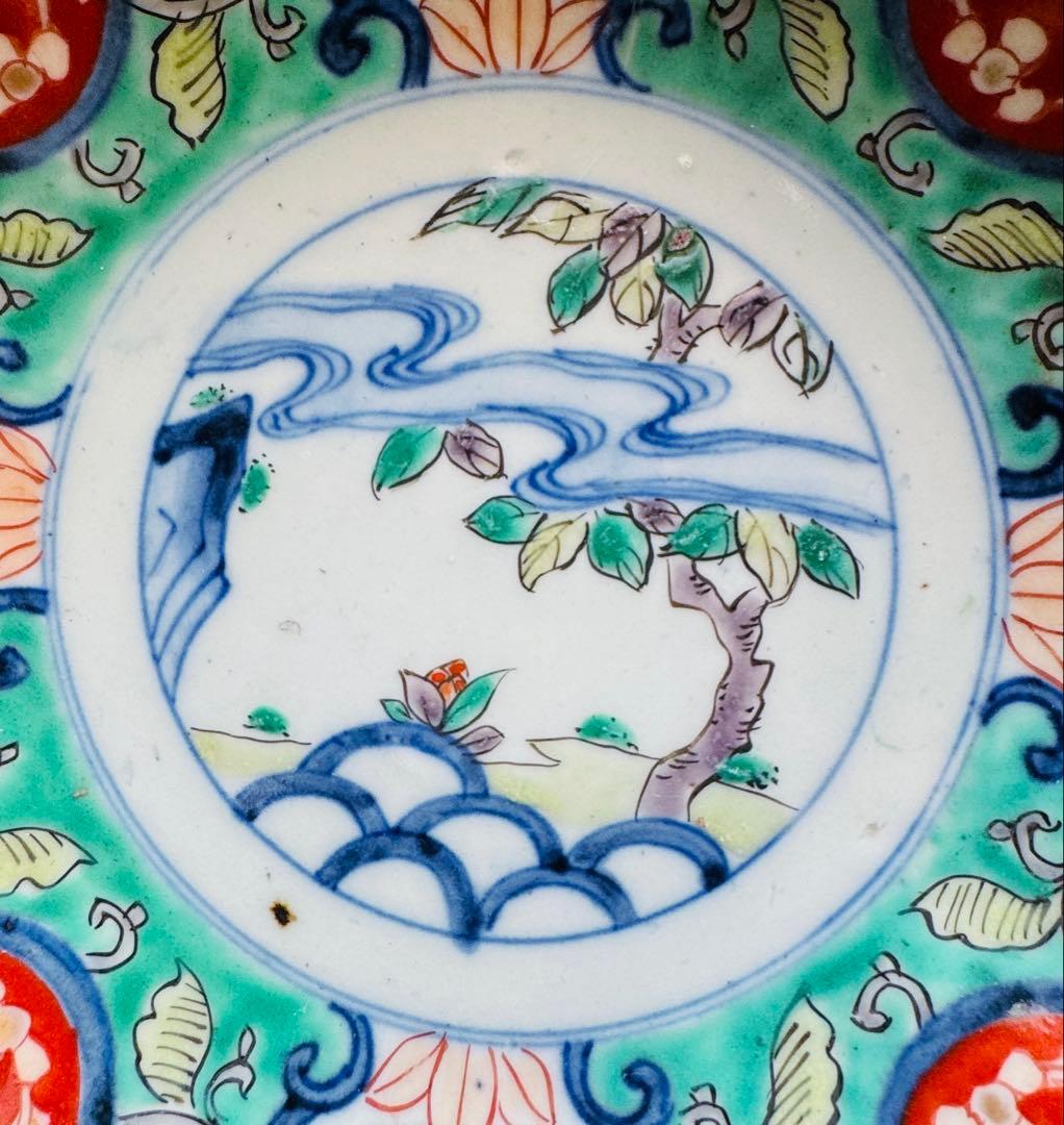 骨董皿　伊万里焼 色絵草花文膾皿　アンティーク皿 一客 なます皿　美しい輪花皿