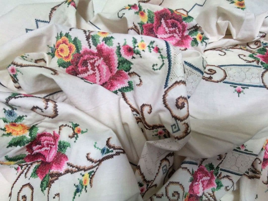 フランスアンティークレース 刺繍 テーブルクロス ベッドカバー ヴィンテージ