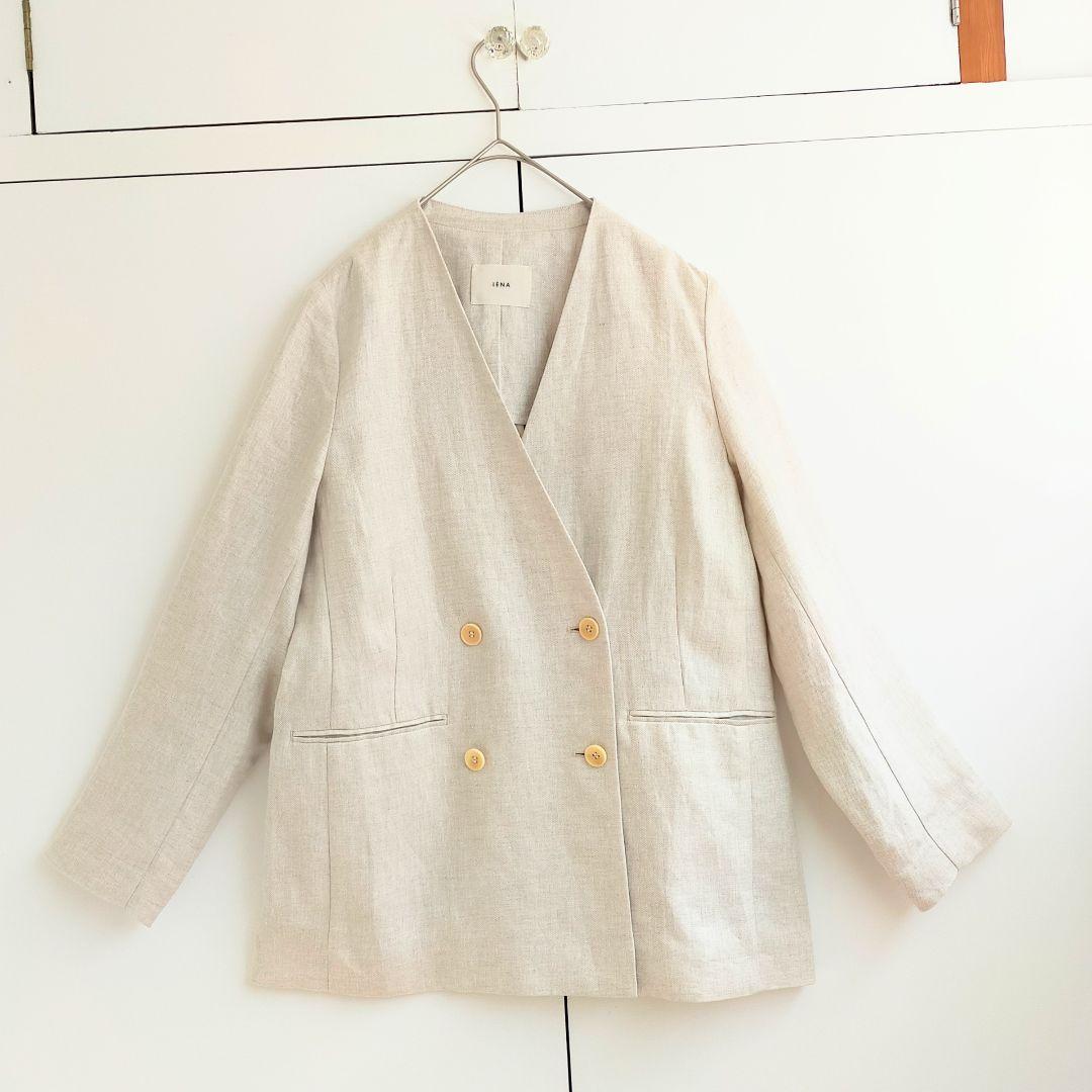 イエナ　IENA　フレンチ　リネン　ダブル　ブレスト　ジャケット　ノーカラー