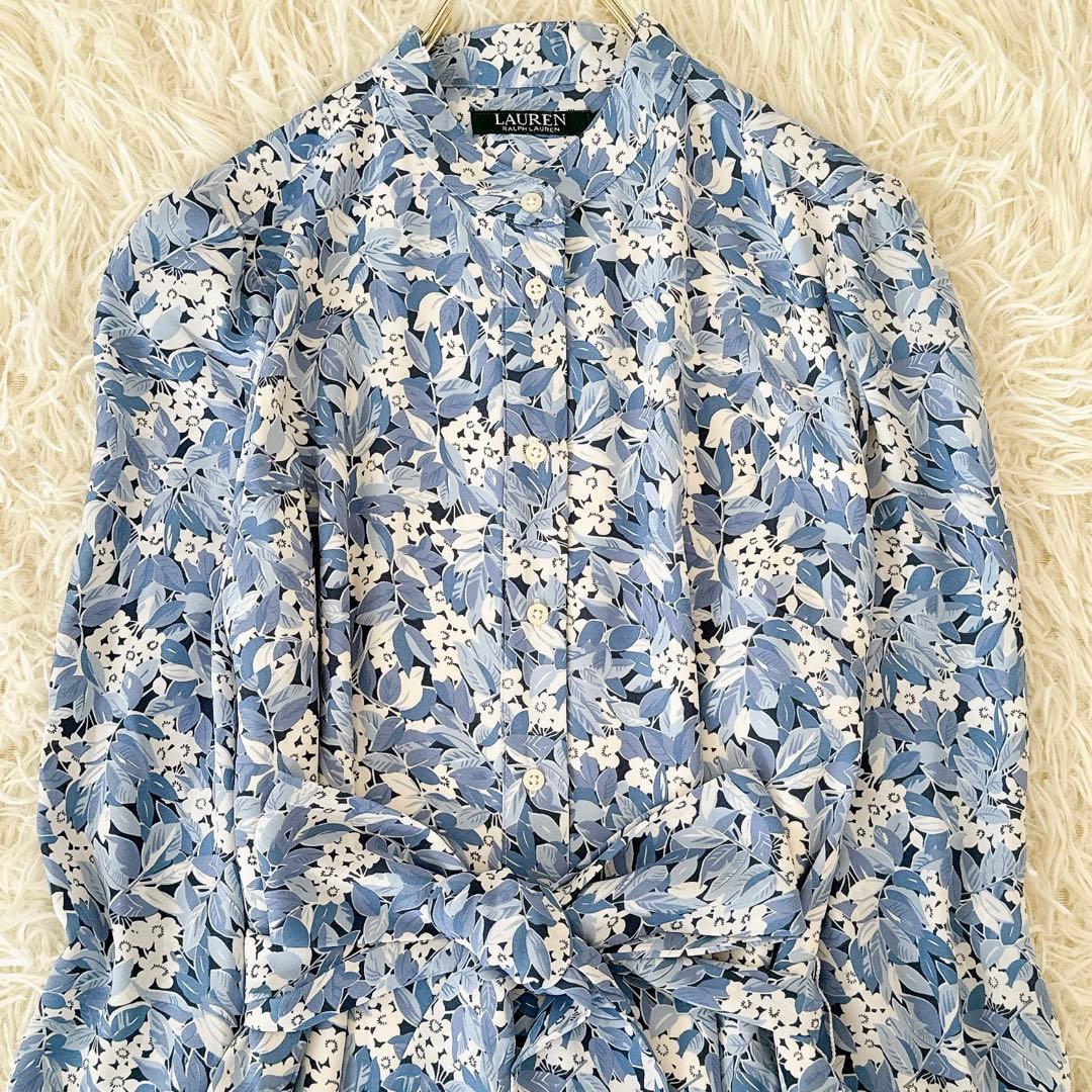 サイズ4 ローレンラルフローレン✨花柄 シャツワンピース ベルト 水色