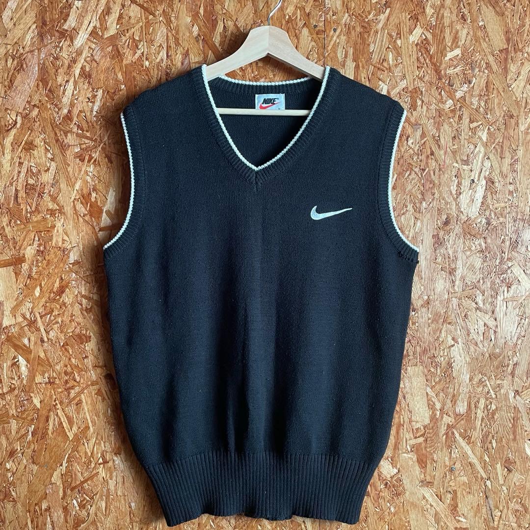 90s OLD NIKE 白タグ コットンニットベスト スウッシュロゴ 刺繍 黒