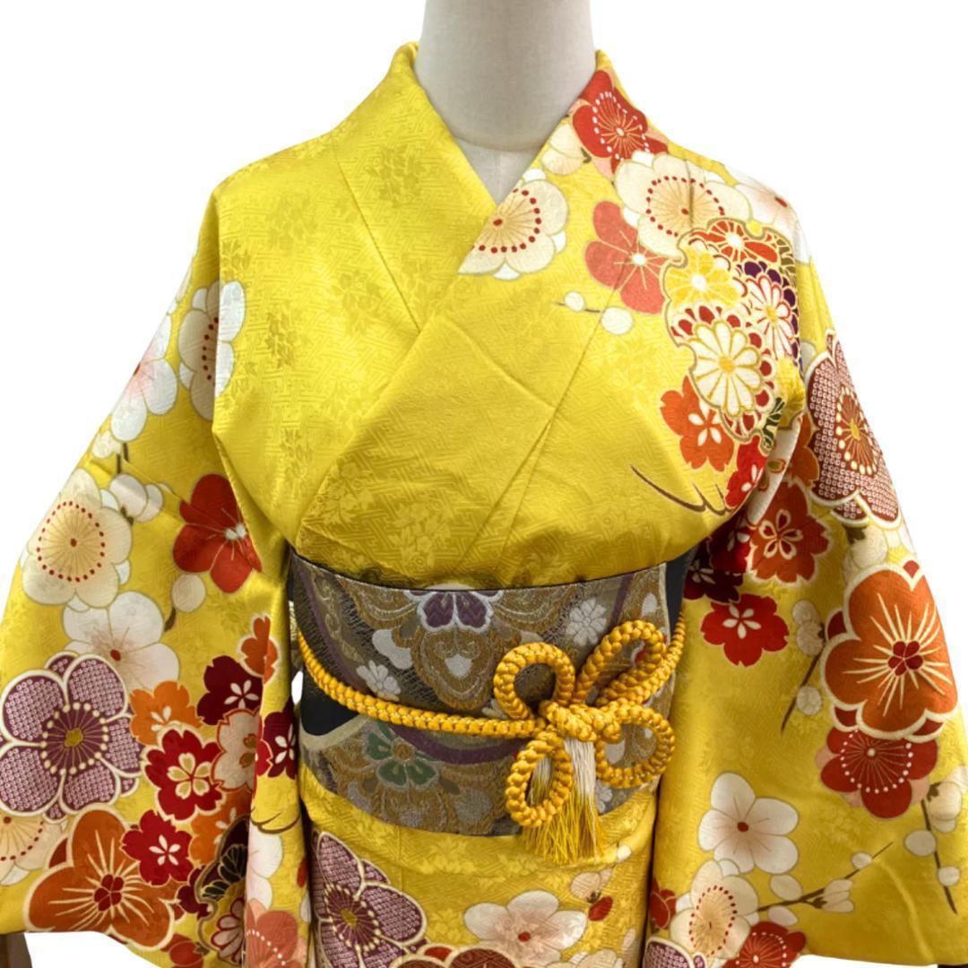 ≪早い者勝ち≫【美品】 振袖 正絹 成人式 古典柄 振袖単品 黄 S*45 ●
