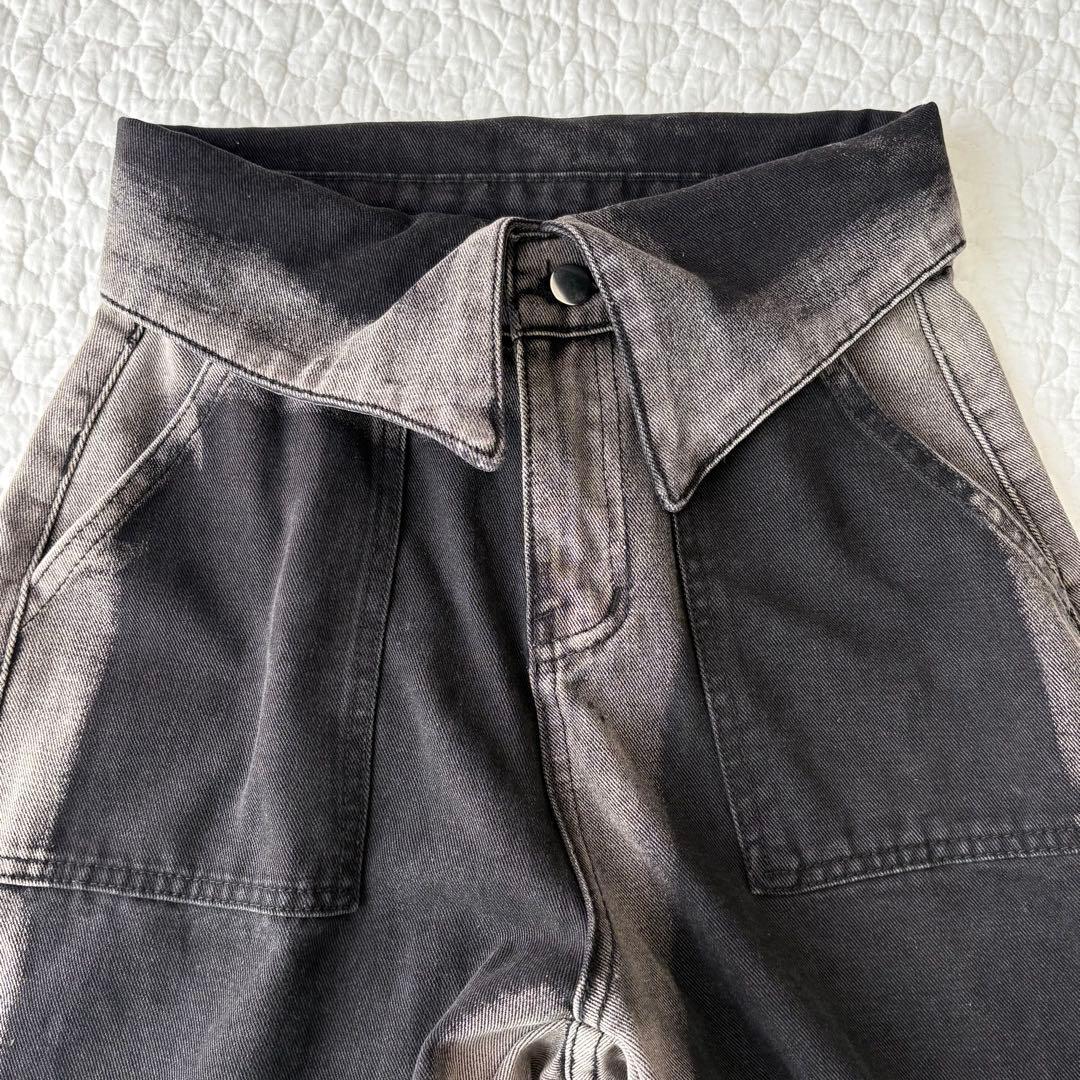 バーバリー デニム ワイドパンツ 変形ハイウエスト（M）黒系 個性派デザイン