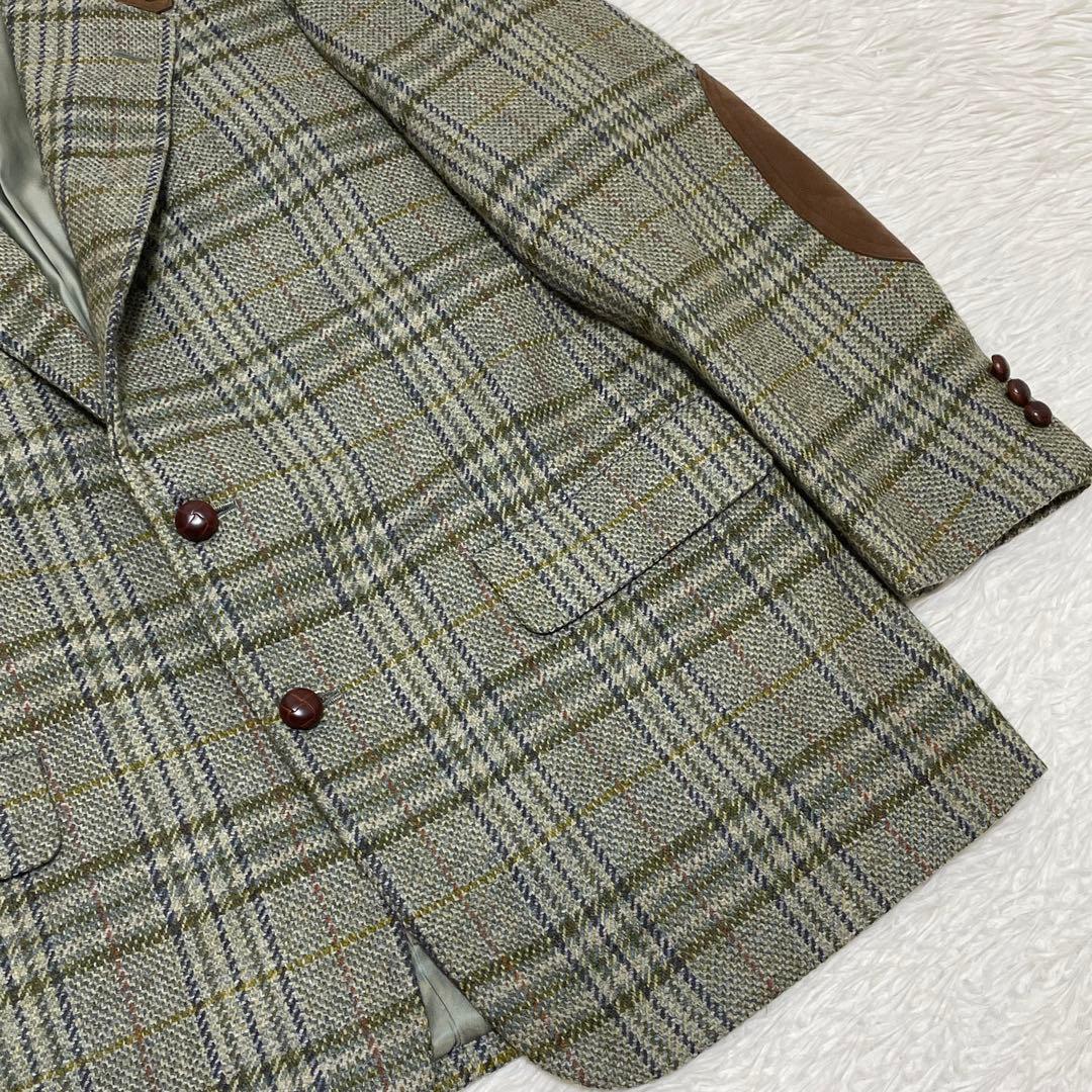 美品 ツイード テーラードジャケット ハウスチェック エルボーパッチ グリーン系