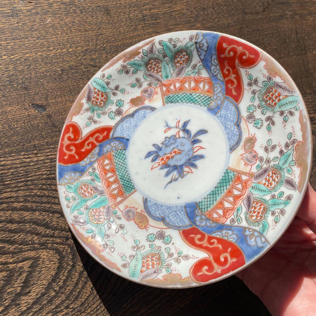 色絵古伊万里の皿　コバルト吹き墨豆皿　各2枚 明治　錦手