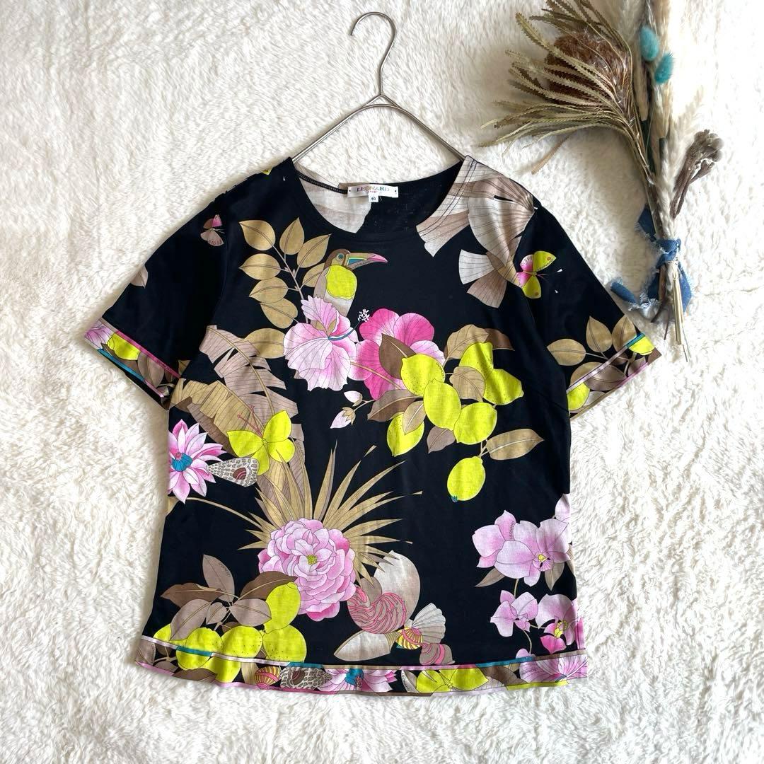 LEONARD レオナール 花柄 鳥柄 半袖Tシャツ 40 日本製 綿 黒 希少