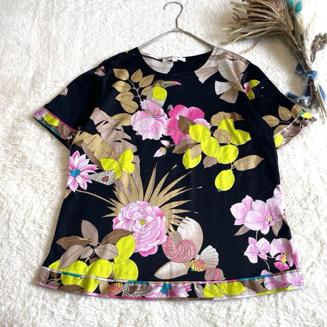 LEONARD レオナール 花柄 鳥柄 半袖Tシャツ 40 日本製 綿 黒 希少